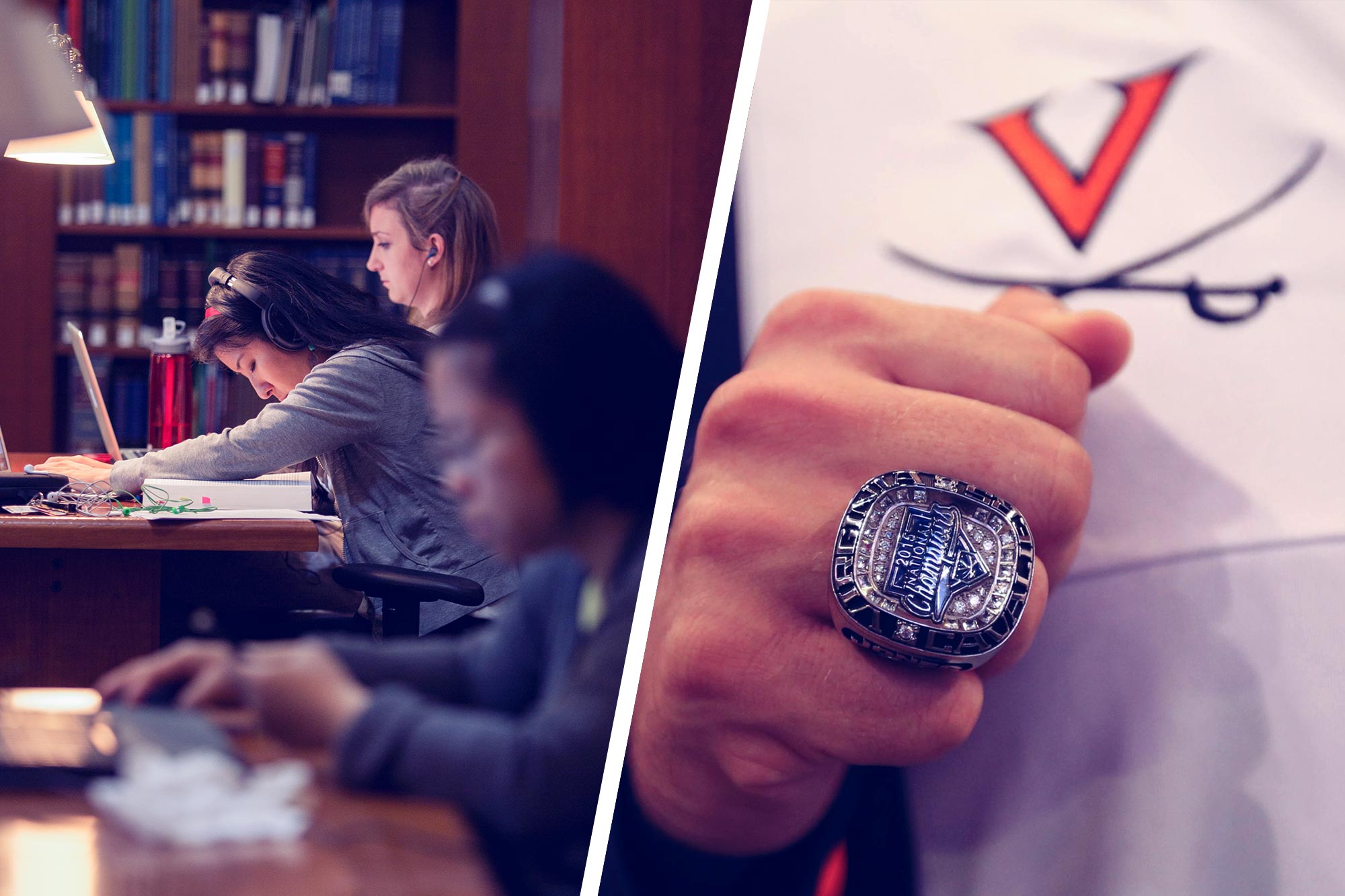 Left: people studying at desks Right:person wearing a  2015 championship ring
