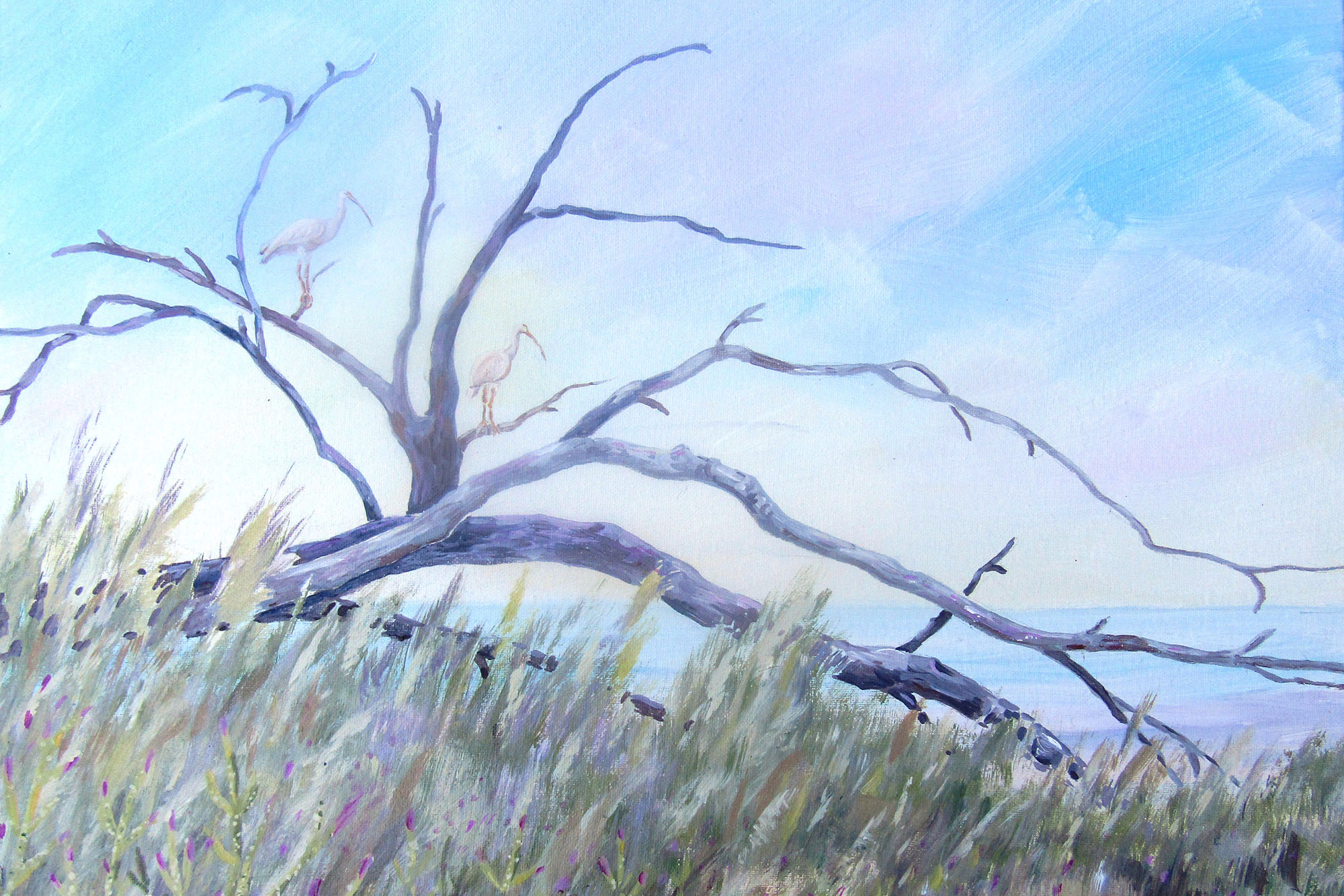 Painting of storks  sitting in a dead tree