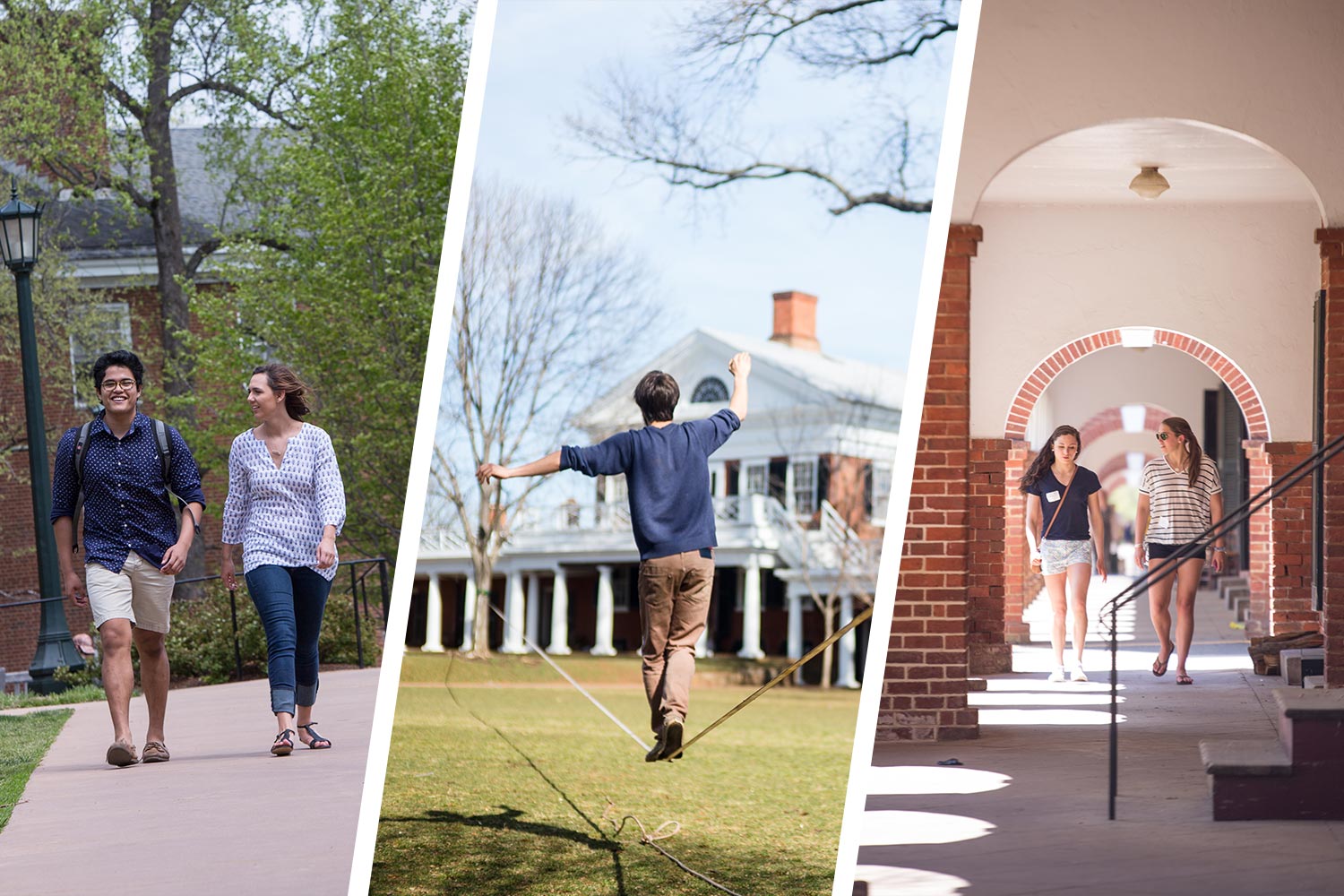 Left: students walking on sidewalk Middle: man walking on a tight rope on the Lawn Right: students walking on a sidewalk