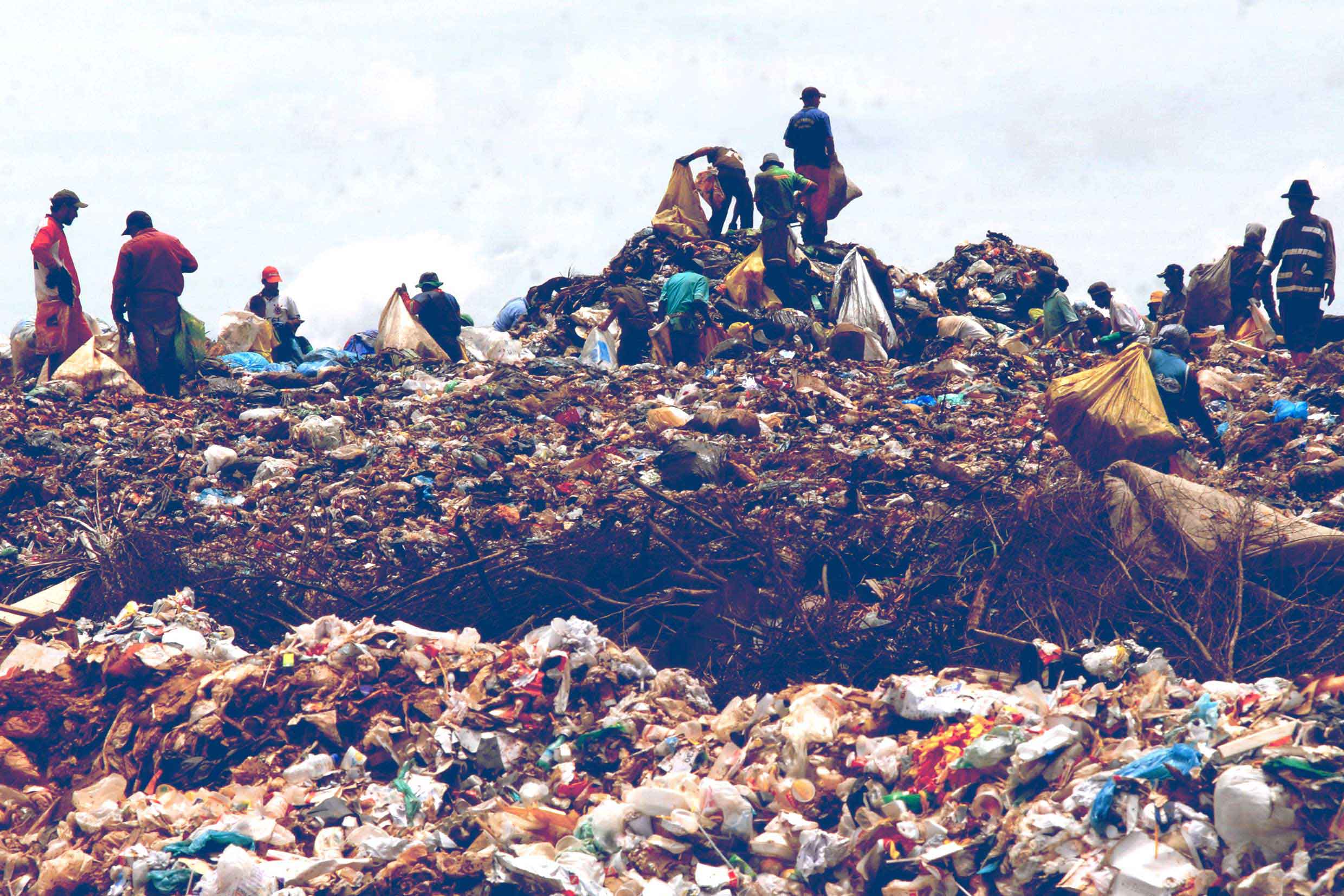 People standing on top of a trash pile picking up the trash and putting it in bags