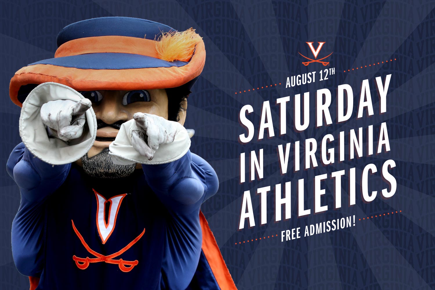 Text reads: August 12th Saturday in Virginia Athletics Free Admission!