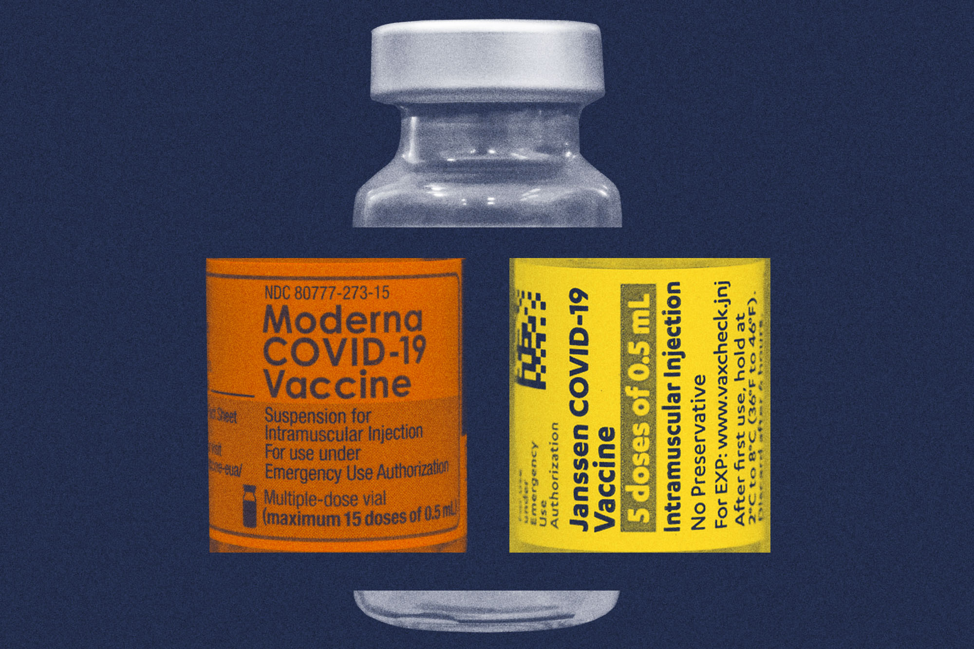 Vaccine Vial with two labels.  Left: Moderna Covid-19 label Right: Janssen Covid-9 Vaccine