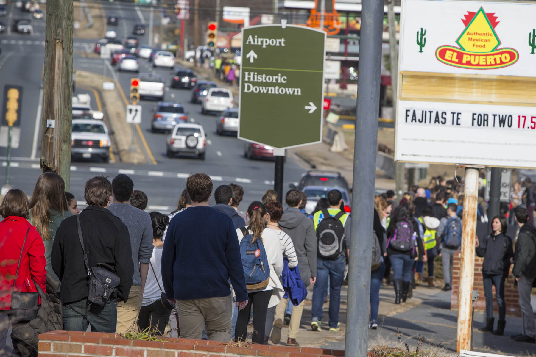 Students crossing the street to downtown Charlottesville