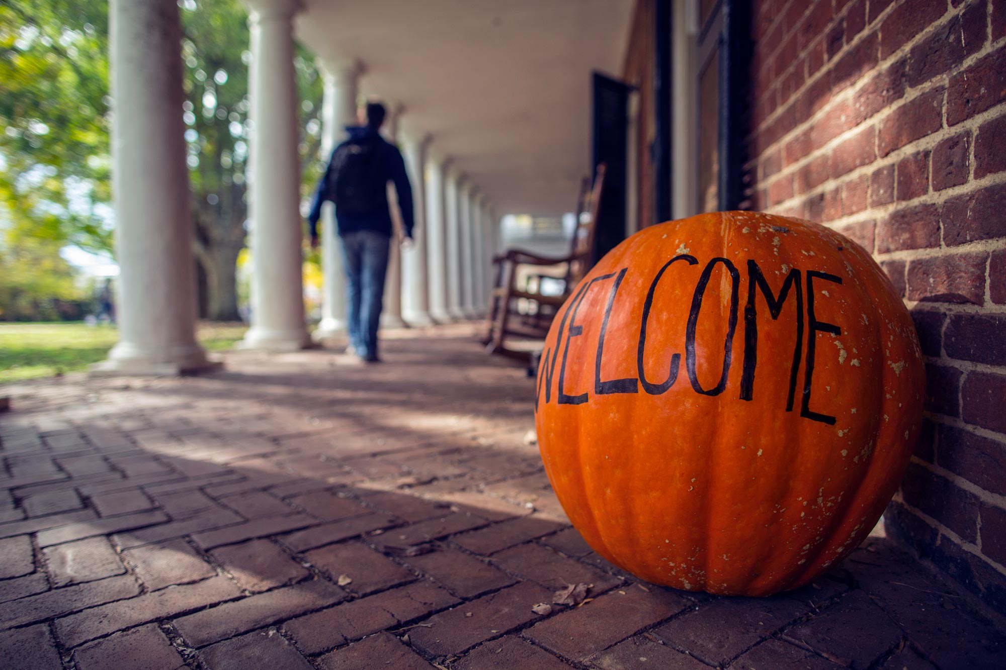 Pumpkin that says Welcome on it