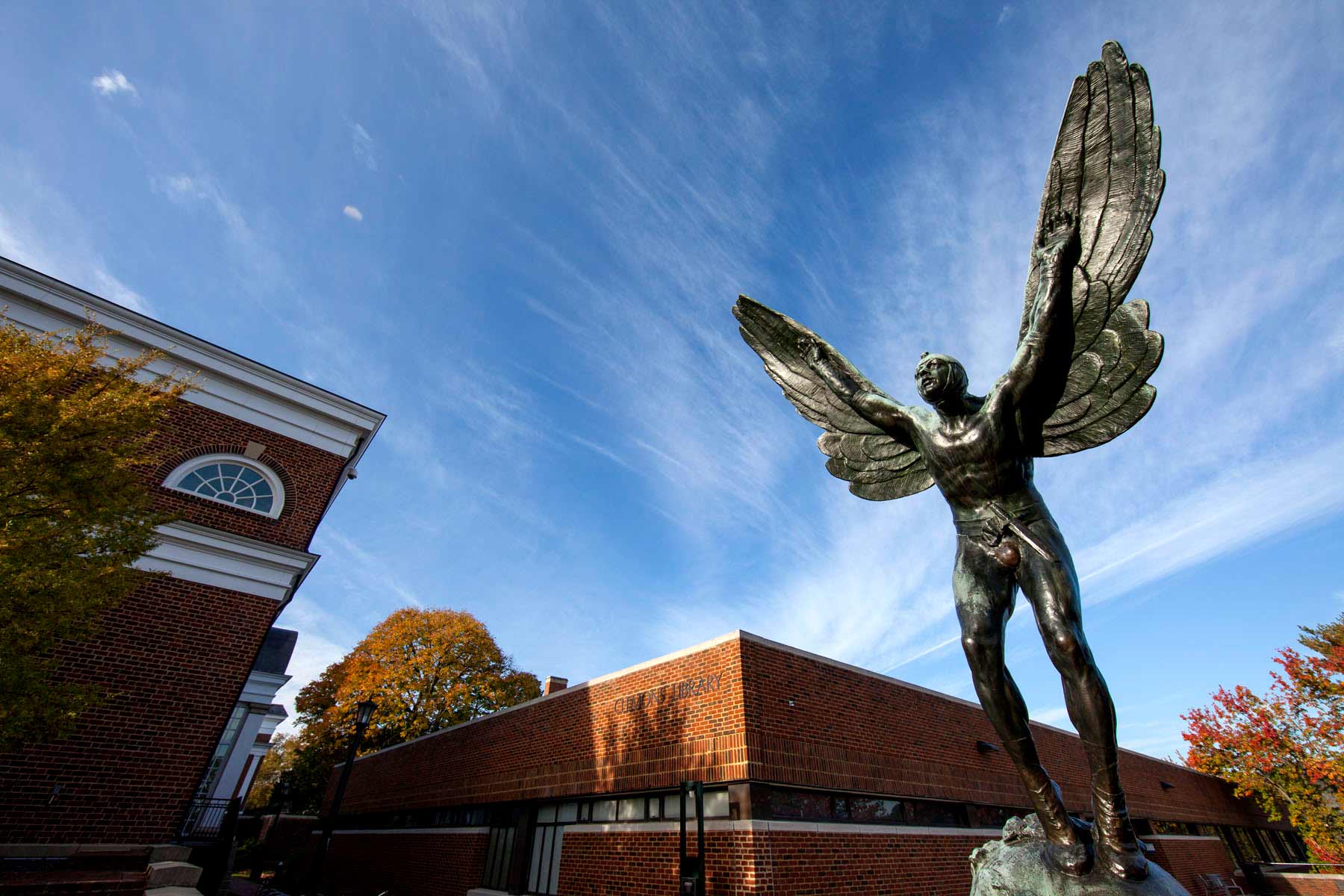 “The Aviator,” which currently resides in the plaza of Clemons Library, is a tribute to James McConnell, a pilot shot down over France in World War I. (Photo by Dan Addison, University Communications)
