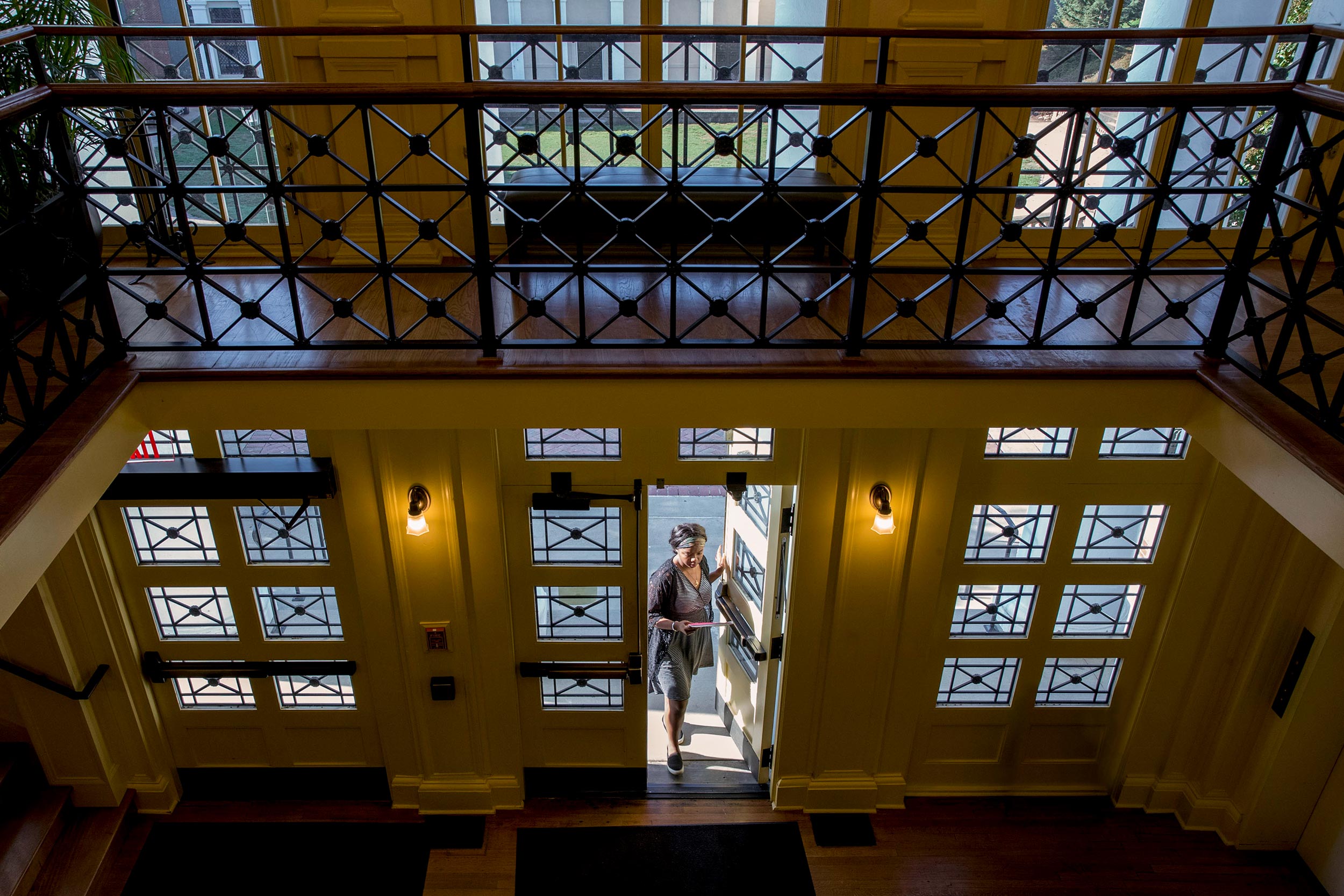 View of the doorway of Garrett Hall from above