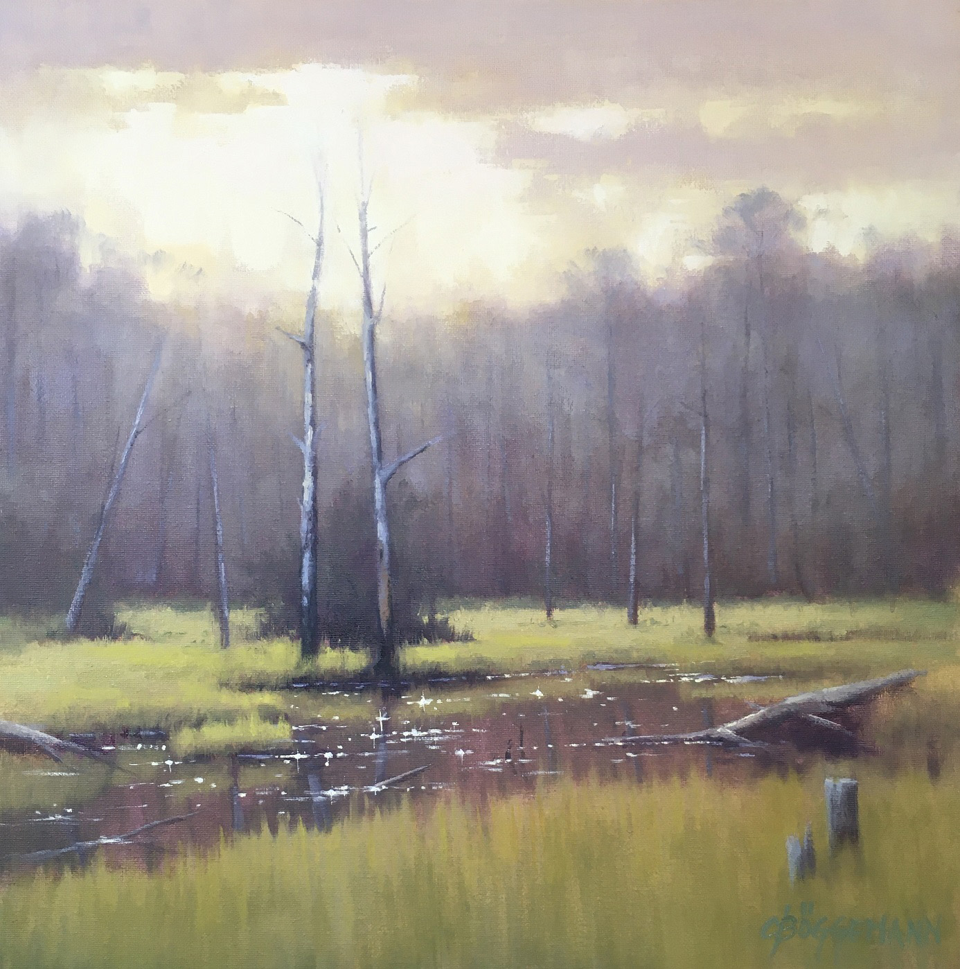 Painting of a swamp with dead trees standing tall