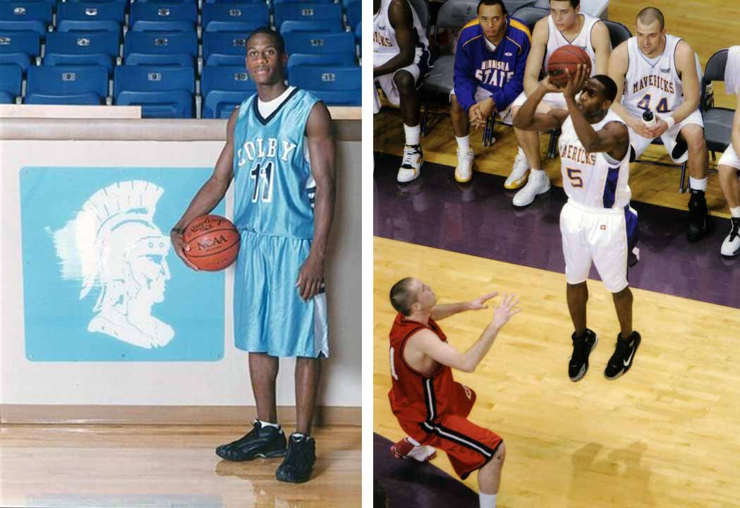 Left: Joseph Williams, in a Colby Community College basketball uniform holding a basketball right: Joseph Williams jumping to shoot a ball in a Minnesota State University.
