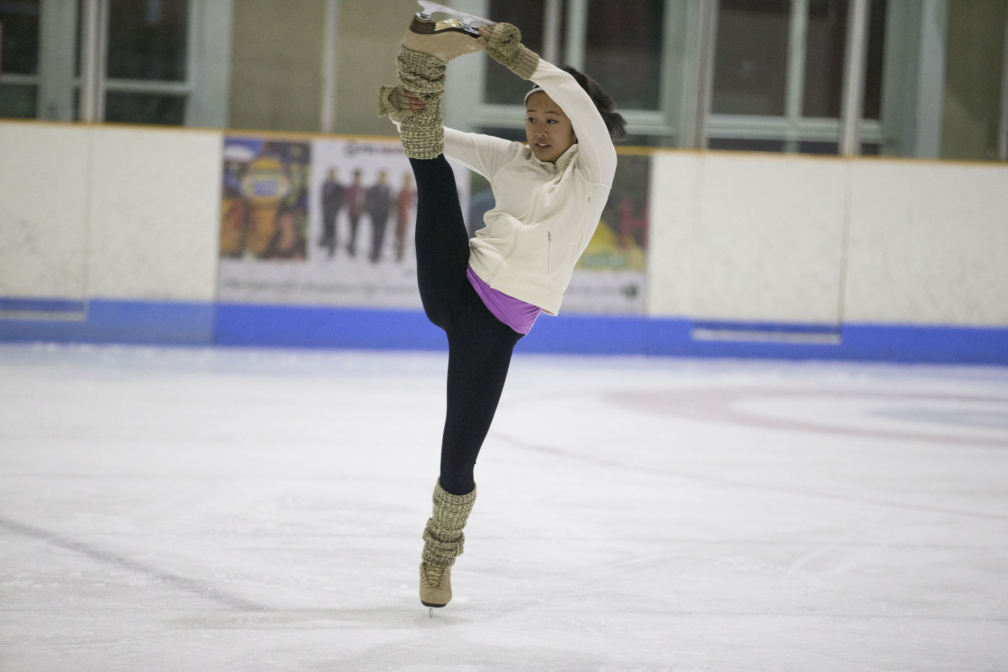 Slater works with skaters to better prepare their bodies for the many unusual bends and twists demanded by the sport. Here UVA club skater Marcha Kiatrungrit practices an upright grab spin.
