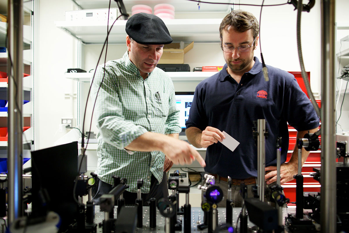 James Madison University assistant professor Costel Constantin, left, and UVA associate professor Patrick Hopkins study heat transfer at the nanoscale, hoping to improve the functionality of nanodevices. Their project was funded by a 2013 grant from the s
