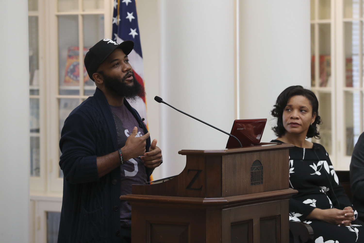 A.D. Carson, assistant professor of hip-hop, discusses hip-hop music in culture as moderator Talitha LeFlouria, Lisa Smith Discovery Associate Professor in African and African-American Studies, listens.