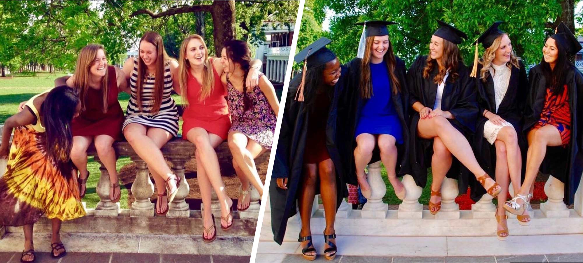 Left: Dupree and her friends as first-year students. Right: Dupree and her friends recreate their first-year picture in their cap and gowns. From left to right: Chanel DuPree, Deanna Madagan, Abby Systma, Kaitlyn Colliton and Jennifer Cifuentes.