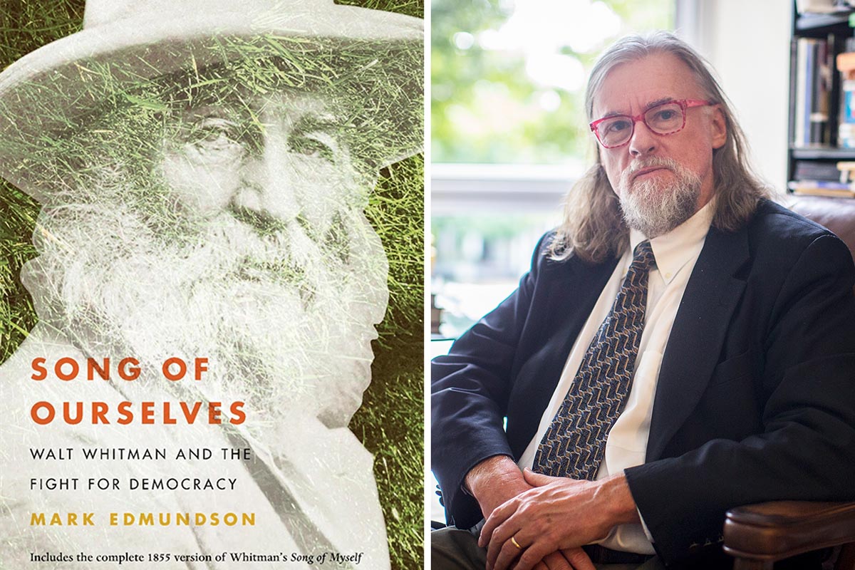 Left: book with the title Song of ourselves walk whitman and the fight for democracy Right: Mark Edmundson headshot