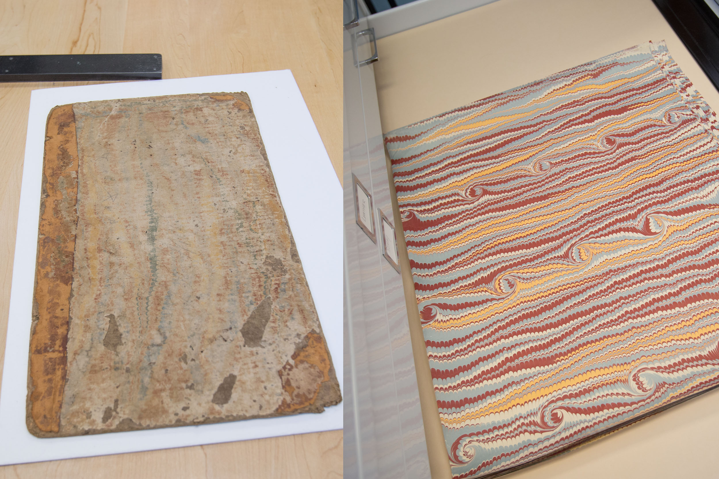 The book’s new cover paper was marbled to mimic its original design.