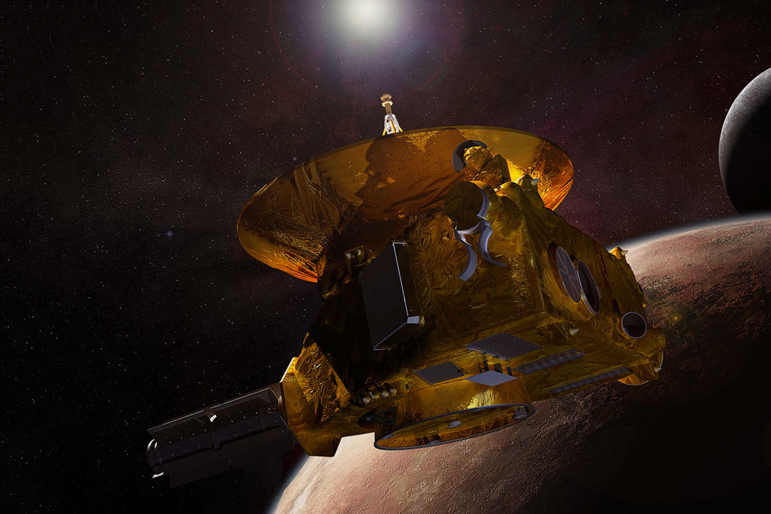 Artist&#039;s rendering of New Horizons&#039; encounter with Pluto. (Courtesy NASA)