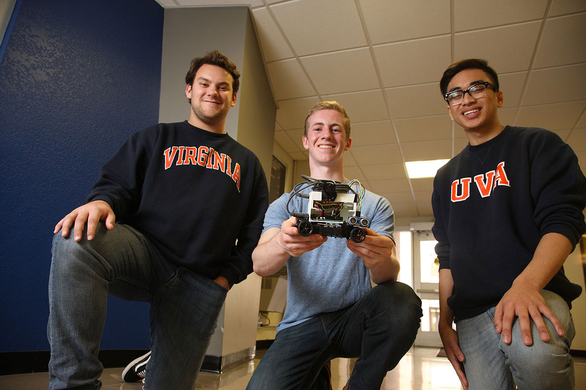 T. Coleman Goad, Brady Madden and Oliver Viyar show off their self-driving car based on the principles of echolocation.