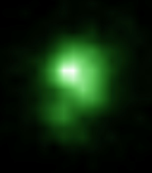 A Hubble Space Telescope image of the compact green pea galaxy J0925+1403. The diameter of the galaxy is approximately 6,000 light years, and it is about twenty times smaller than the Milky Way. Credit: NASA