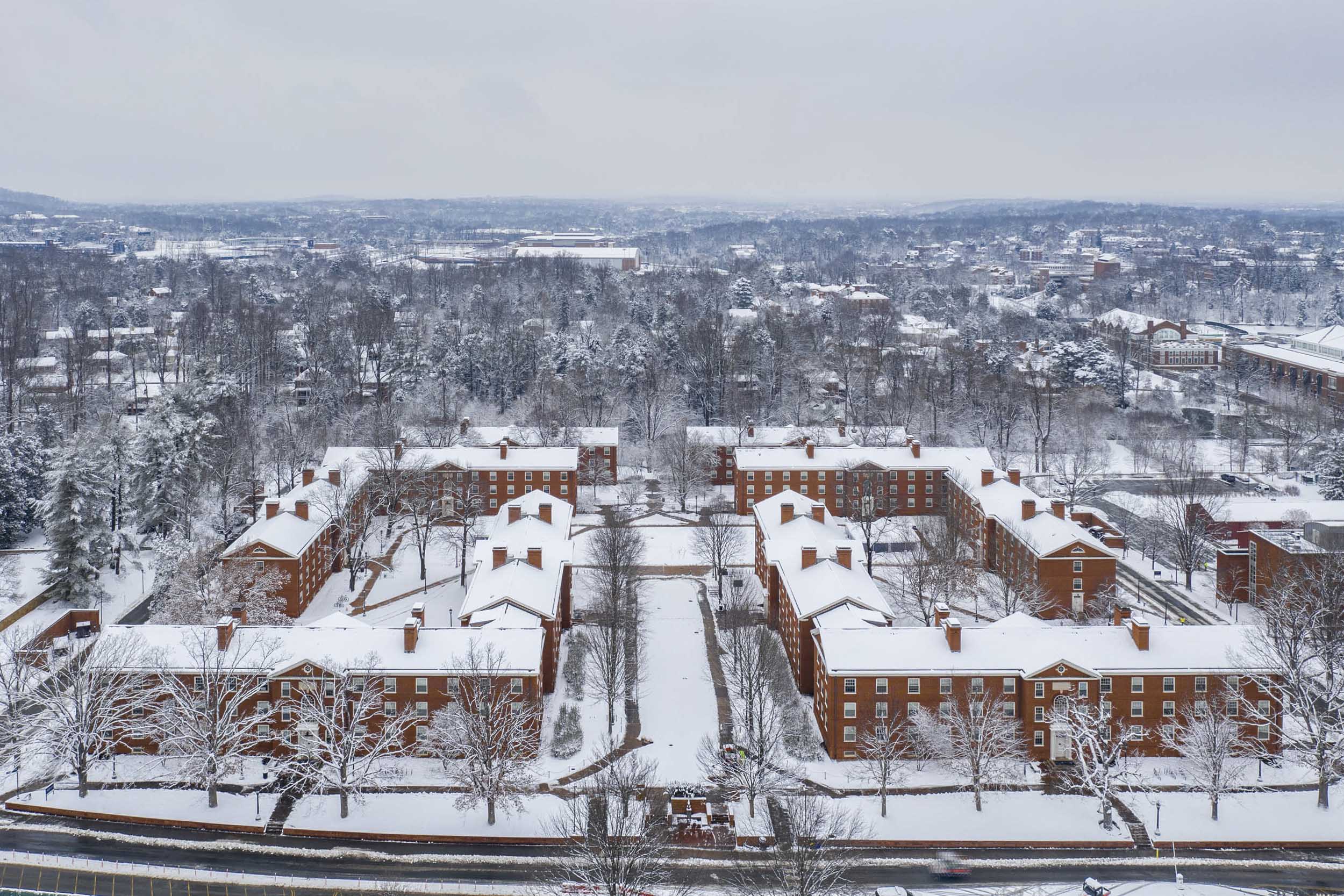 Arial view of UVA buildings in the snow