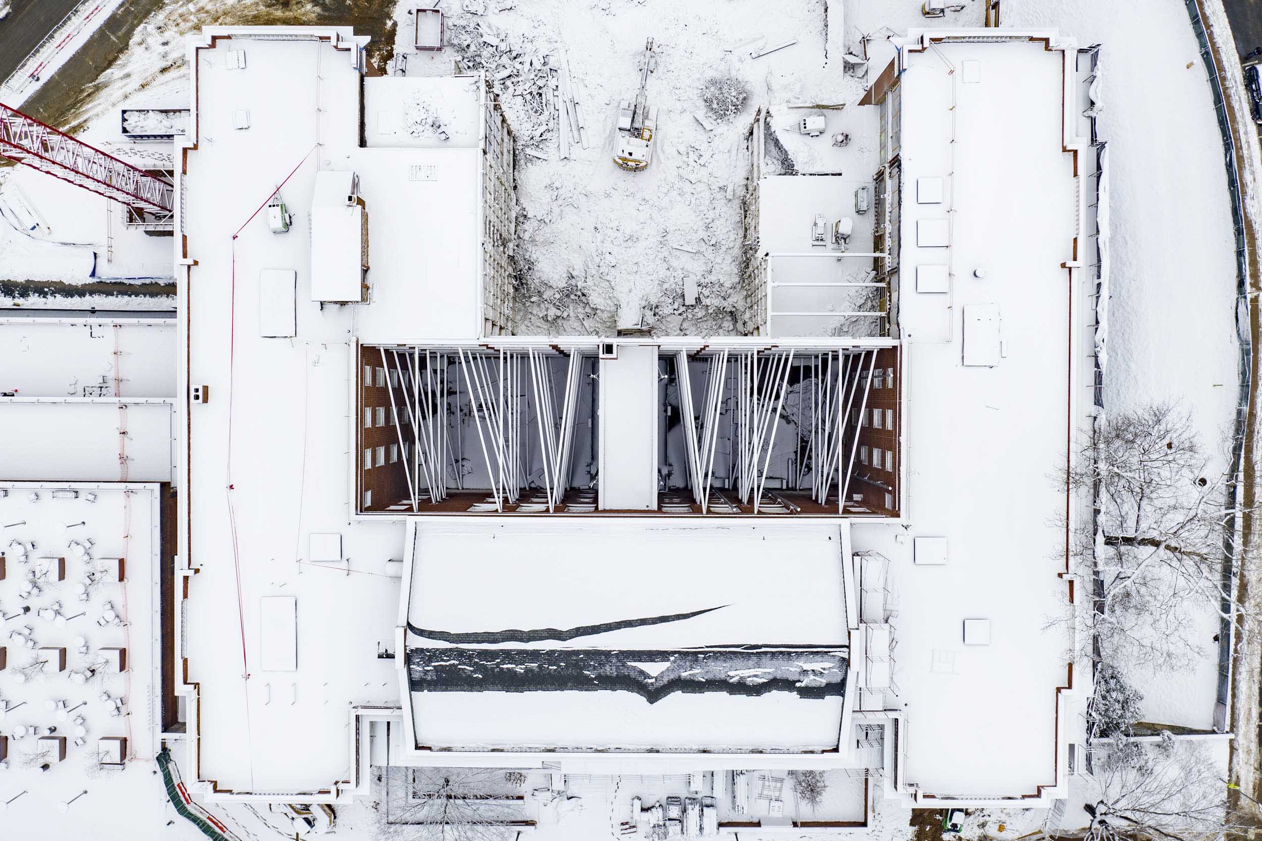 Arial View of a snow covered Alderman construction zone