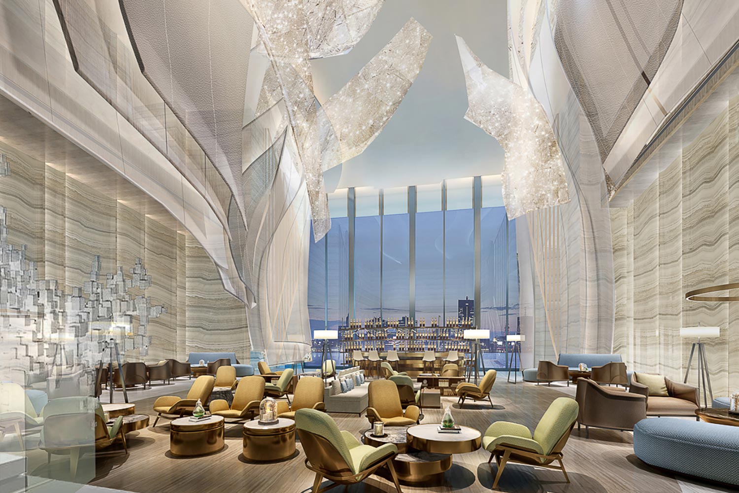 The Hilton Quanzhou Riverside in China with class sculptures coming off of the walls