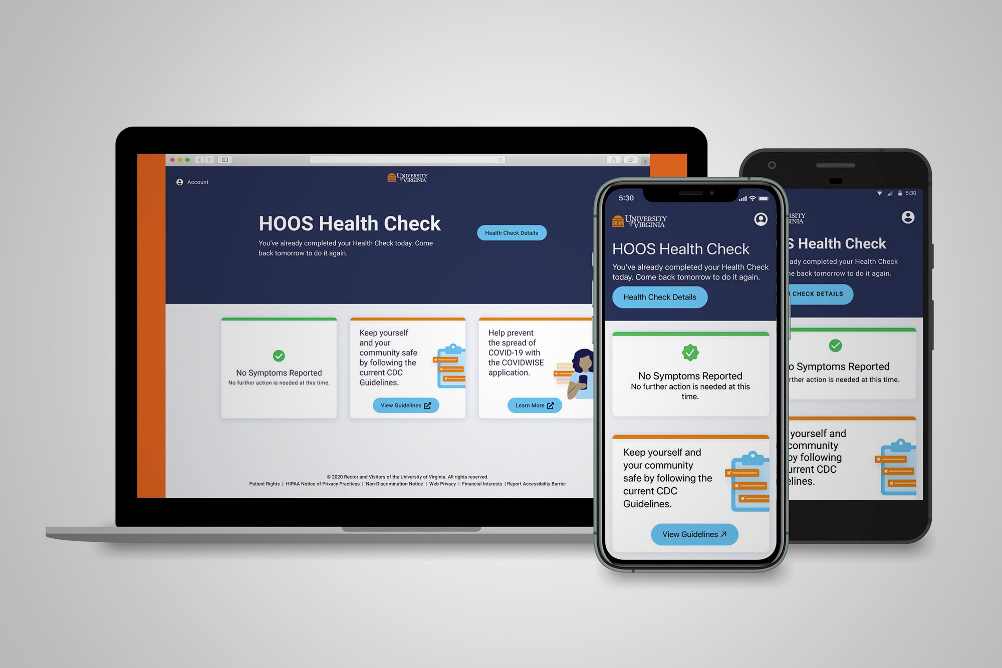 Laptop and phones all with the Hoos Health Check app on their screens