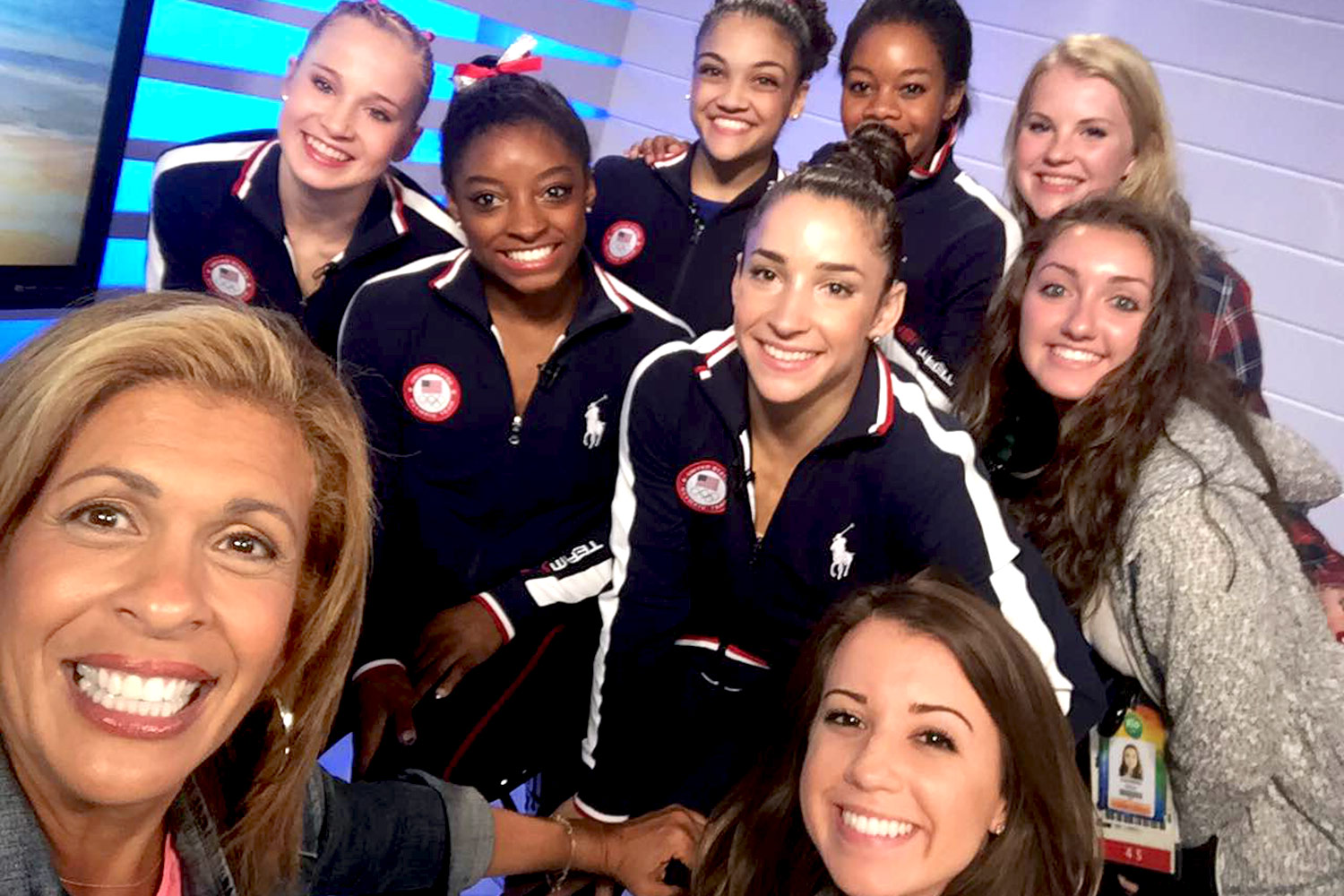 D’Elia, far right, and another NBC runner pose with the U.S. women’s gymnastics team and “Today” co-host Hoda Kotb.