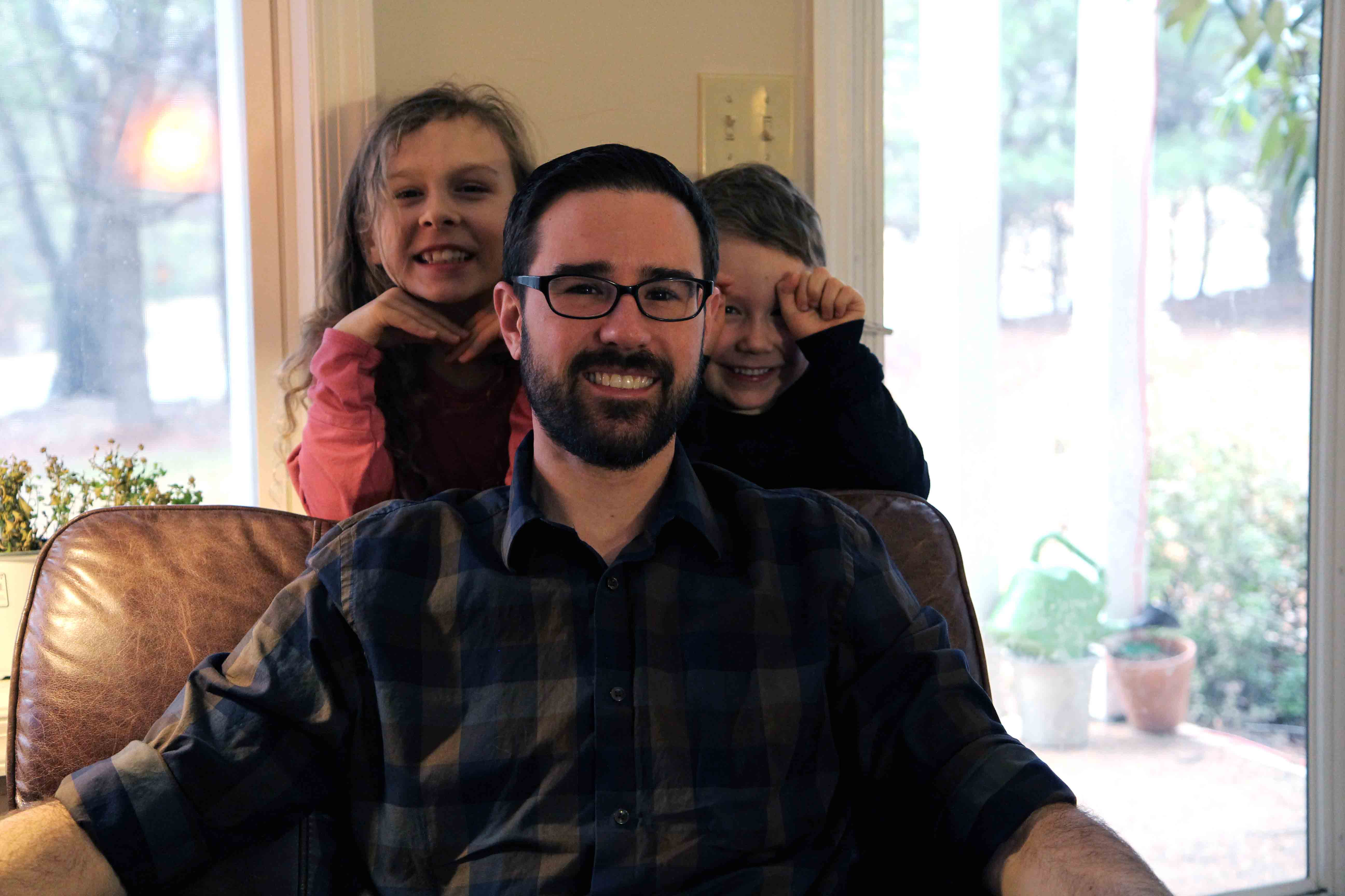 Ryan McFadden – here with daughter Sunny, 7, and son Atticus, 5 – was, among other things, a stay-at-home dad prior to enrolling in UVA’s fast-track-to-nursing program with the help if a Conway Scholarship. 