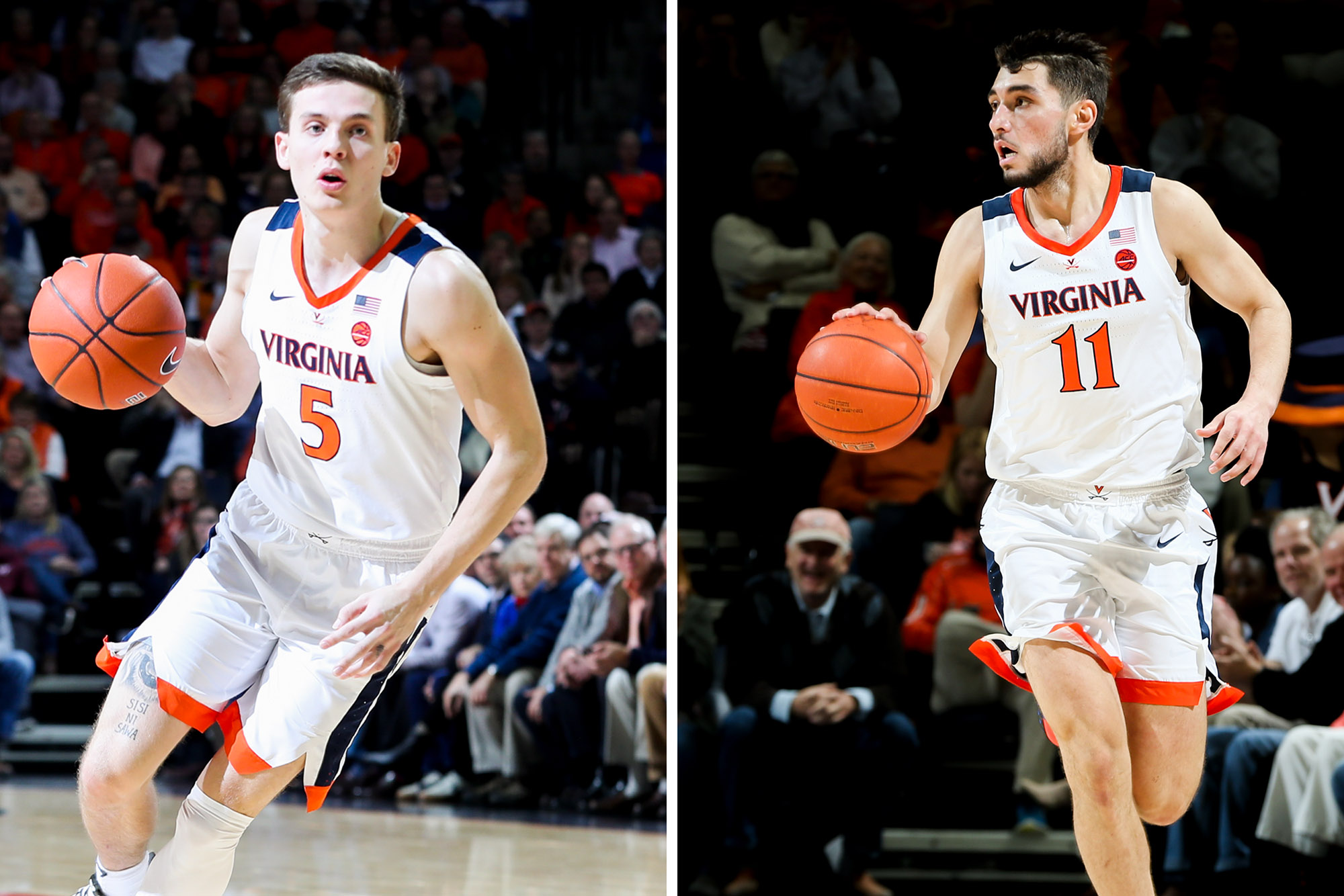 Kyle Guy, left, and Ty Jerome, right, dribbling during a game