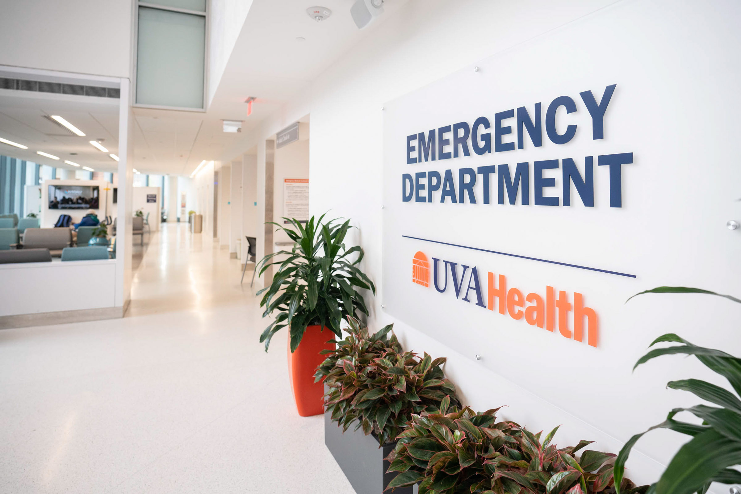 Sign on UVA healths wall that read Emergency Department UVA Health