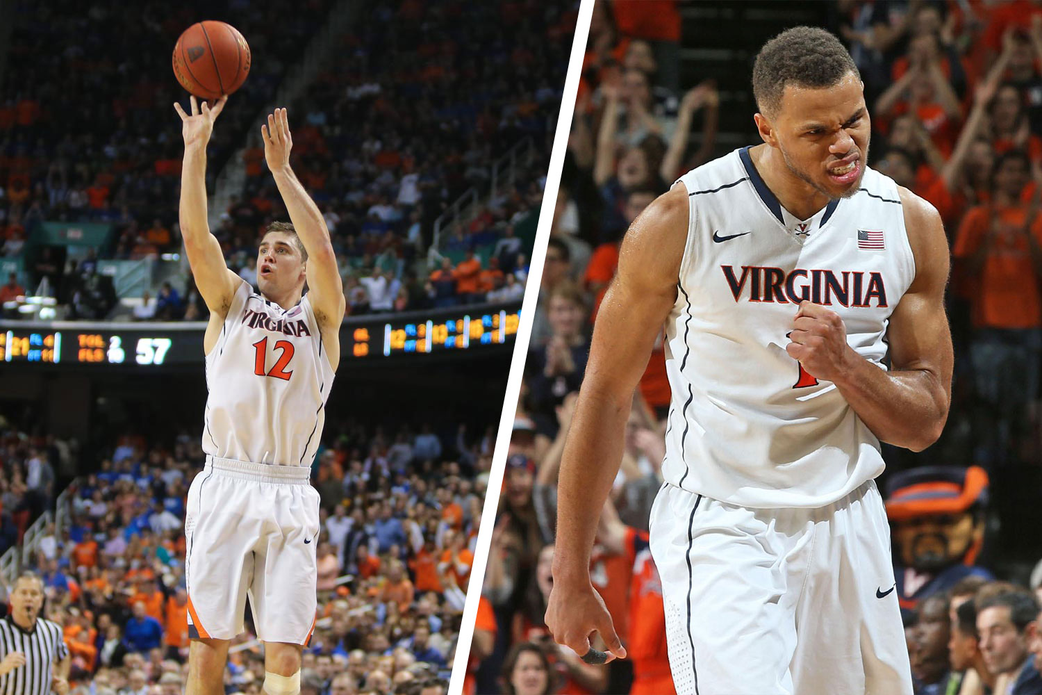 Left: Joe Harris, shooting the basketball during a game. Right: Justin Anderson celebrates after a shot