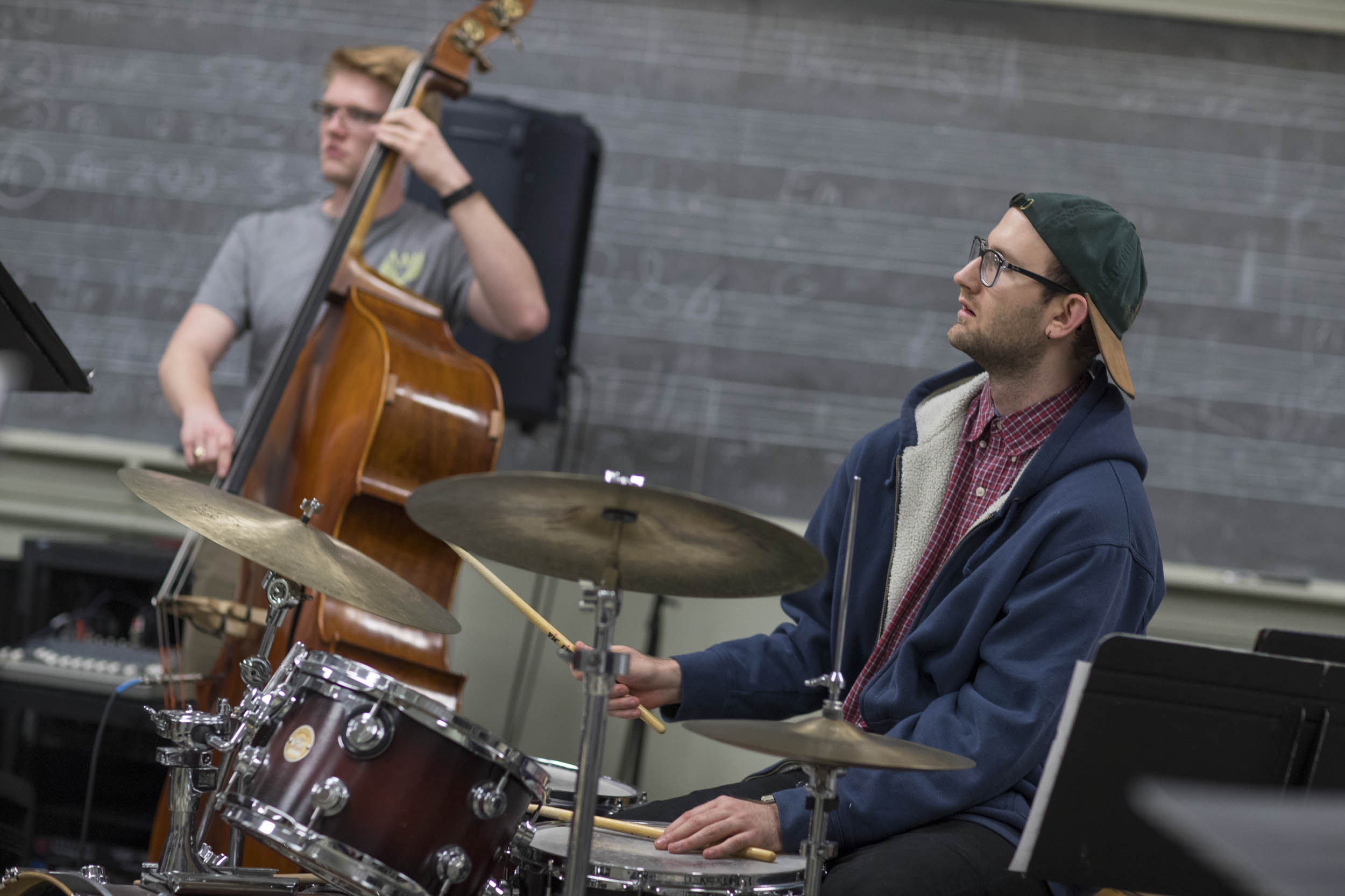 Students in the UVA Jazz Ensemble rehearsed in Old Cabell Hall on Thursday night. (Photos by Sanjay Suchak, University Communications)