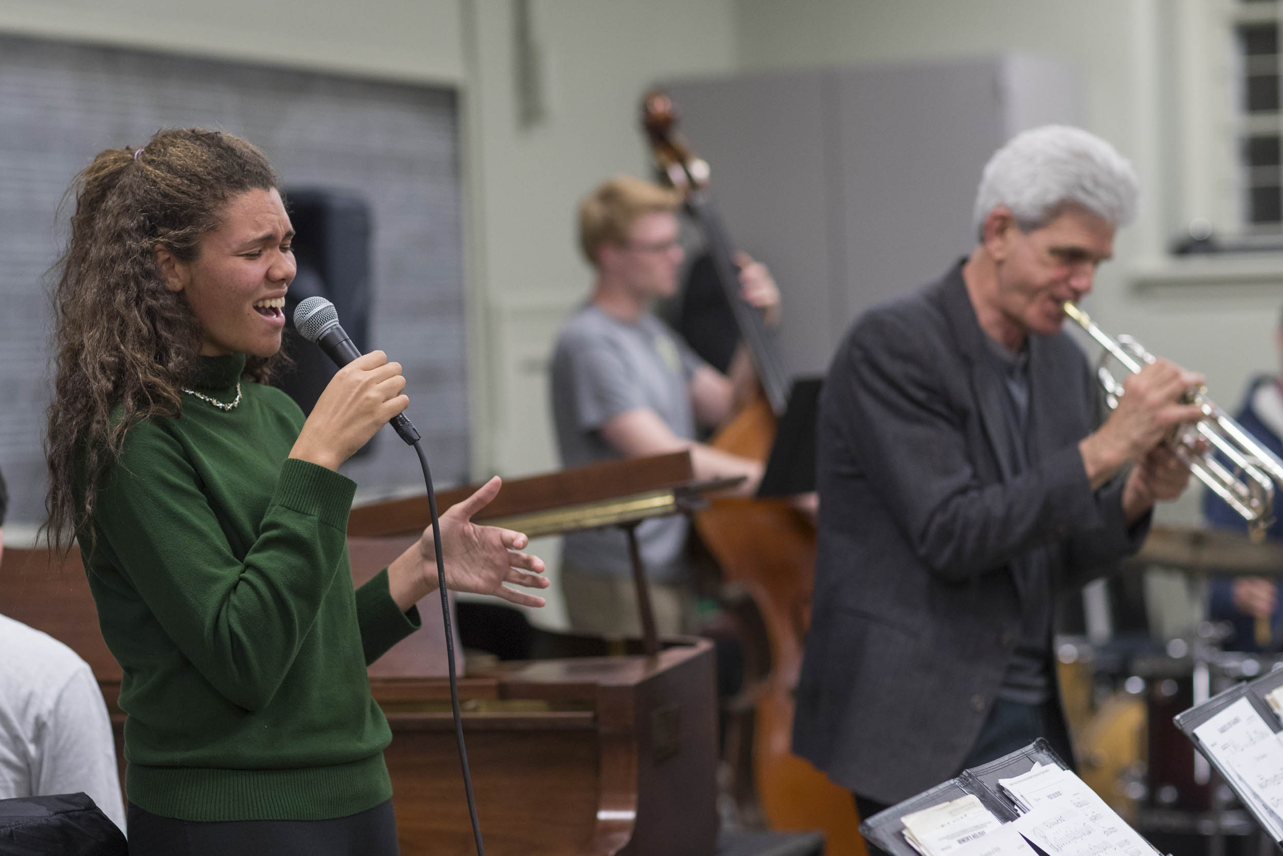 Second-year student Joy Collins, left, was a guest vocalist with the ensemble during Thursday's Facebook Live performance. 