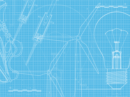 Illustrations of various inventions on a blue graph paper background