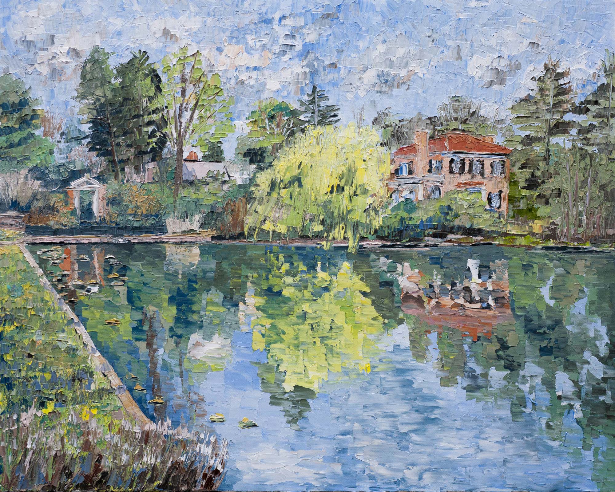 painting of Dell pond and the buildings next to it reflecting on the water