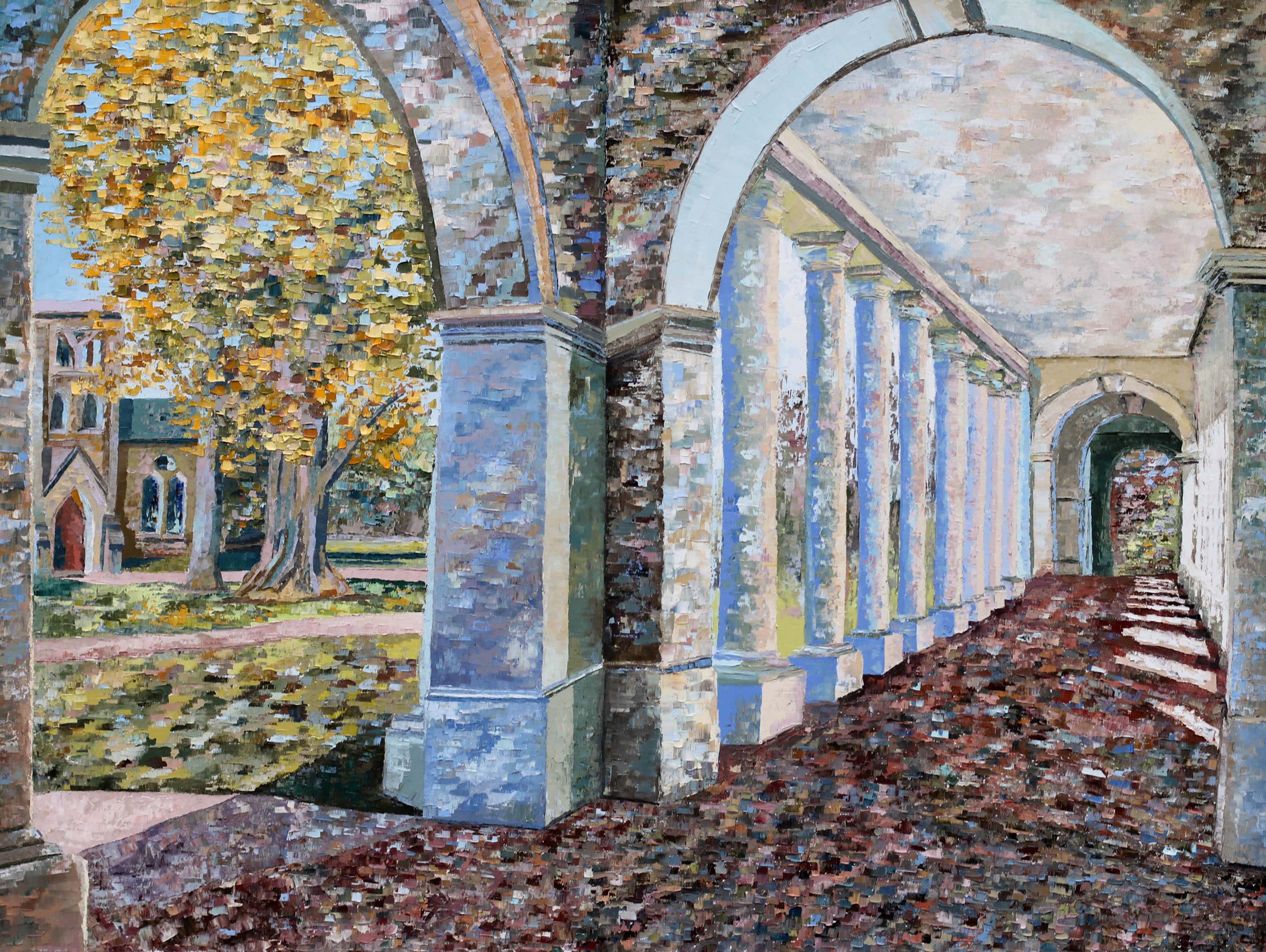 painting by Lauchlan Davis of the covered walkway near the UVA Chapel