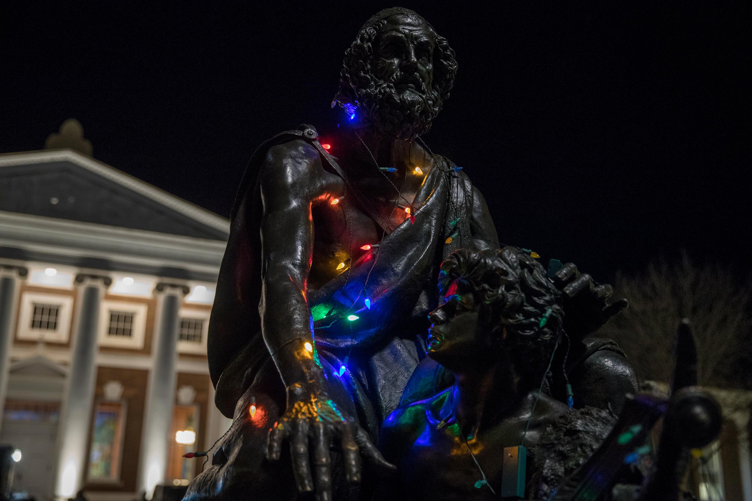 Holiday lights placed on a statue on the Lawn