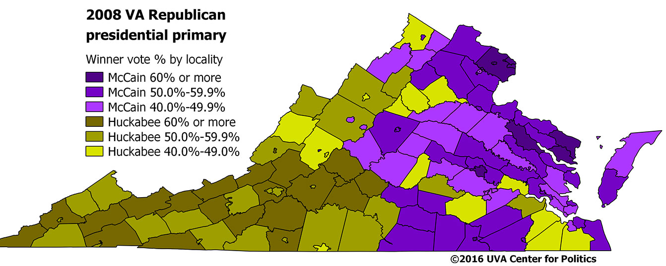 Map 1: 2008 Virginia Republican presidential primary. Source: Dave Leip’s Atlas of U.S. Presidential Elections