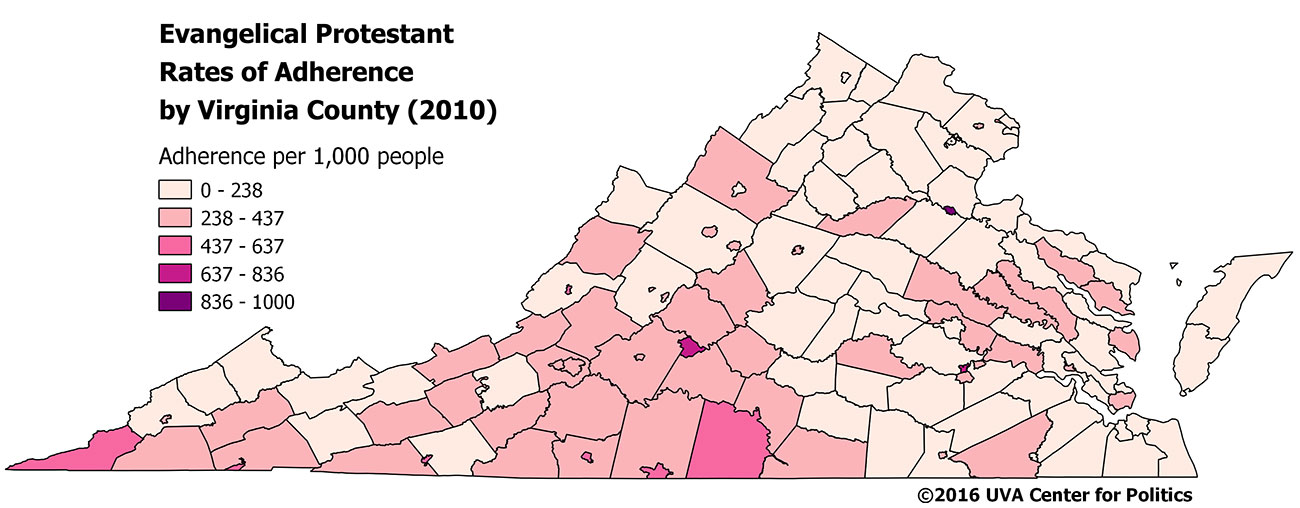 Map 2: Virginia Evangelical Protestant Rates of Adherence per 1,000 people, 2010. 
