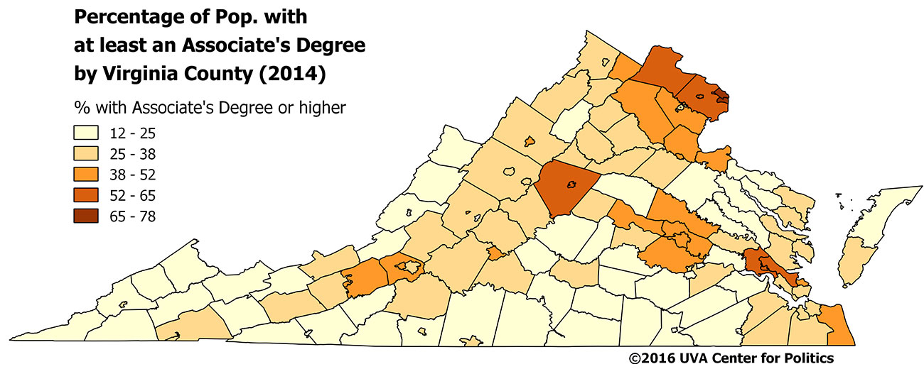 Map 3: Virginia college graduate percentage by county, 2014. 