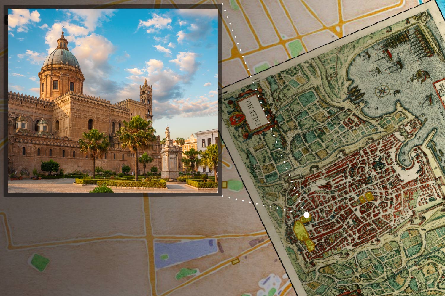 This rendering of Neatline elements shows an image of the Cathedral of Palermo and its location on the medieval map of the city. Lisa Reilly’s architectural project has a full description of the cathedral that appears when it is clicked on the map.