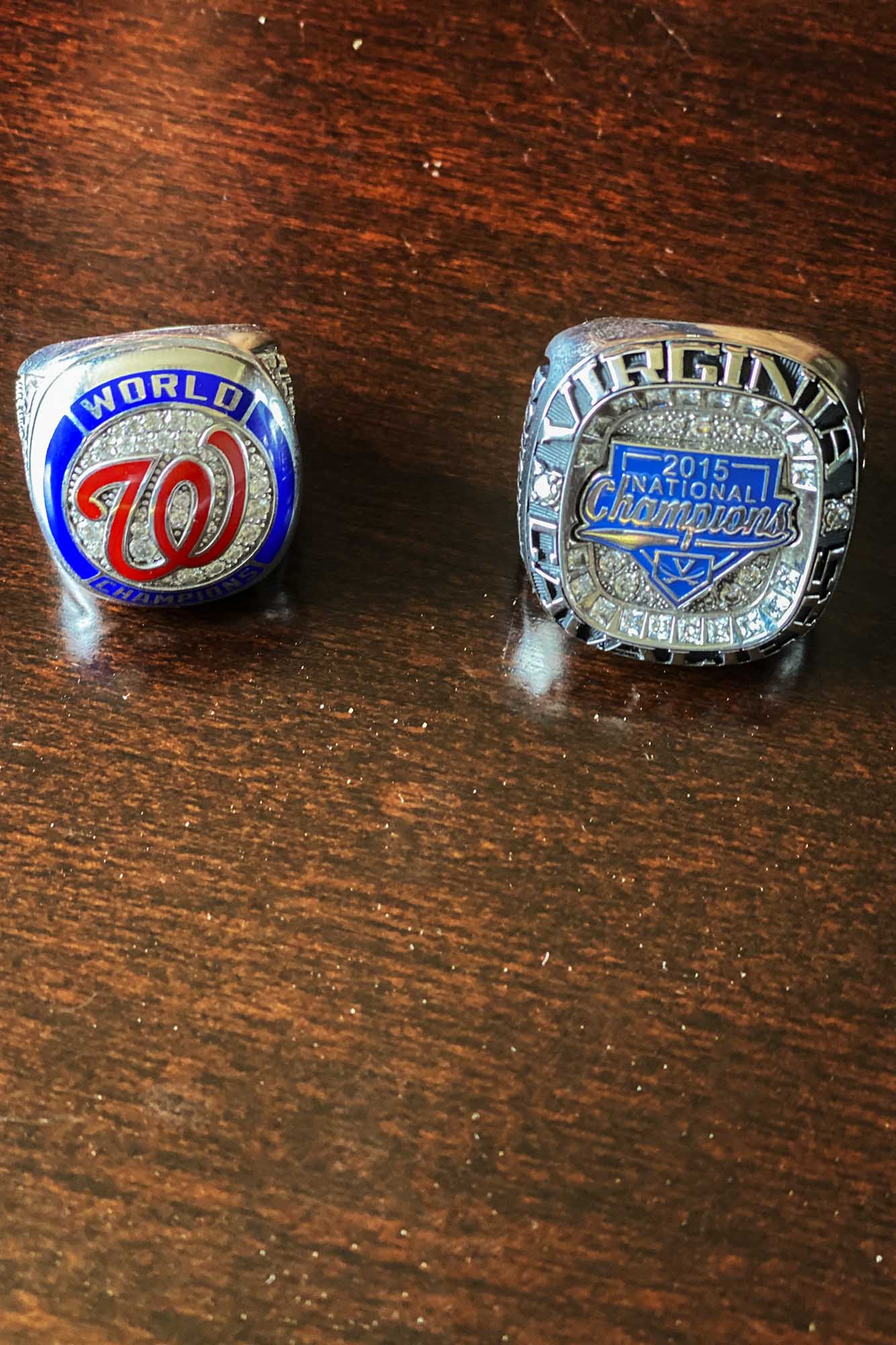 UVA National Championship ring, right, and World Series Championship ring, left