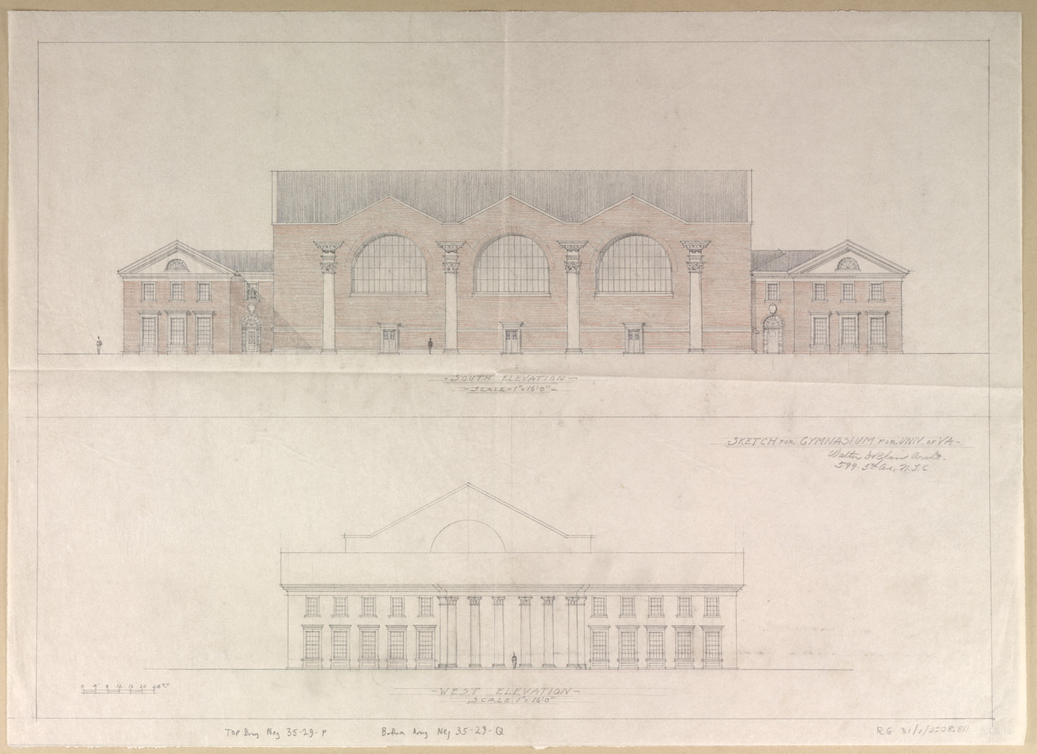  This version of Memorial Gymnasium was similar in design to the one actually built, though the actual version includes five peaked bays instead of the three pictured here. (Source: Albert and Shirley Small Special Collections Library_
