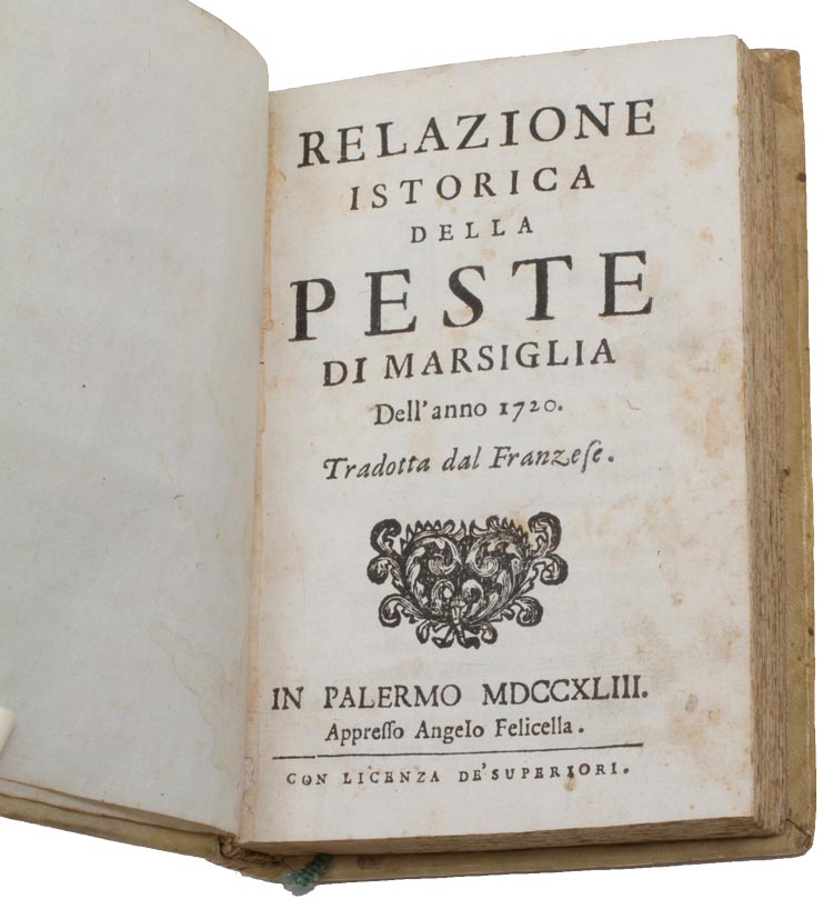Cover of a book reads in Italian: Istorica della peste di marsiglia dell'anno 1720 traditia dal franzefe