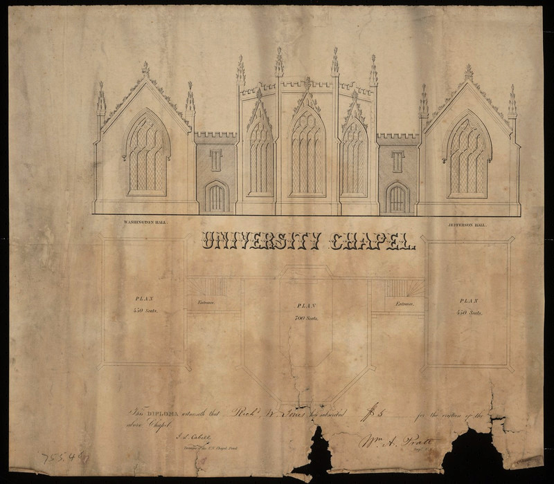 It’s not clear where exactly on the Lawn this version of the chapel would have been built. (Source: Albert and Shirley Small Special Collections Library) 