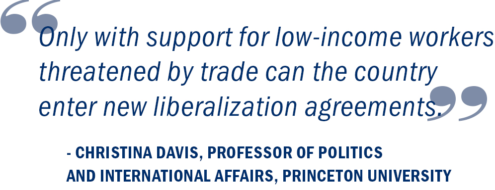 “Only with support for low-income workers threatened by trade can the country enter new liberalization agreements.” Christina Davis, Professor of Politics and International Affairs, Princeton University
