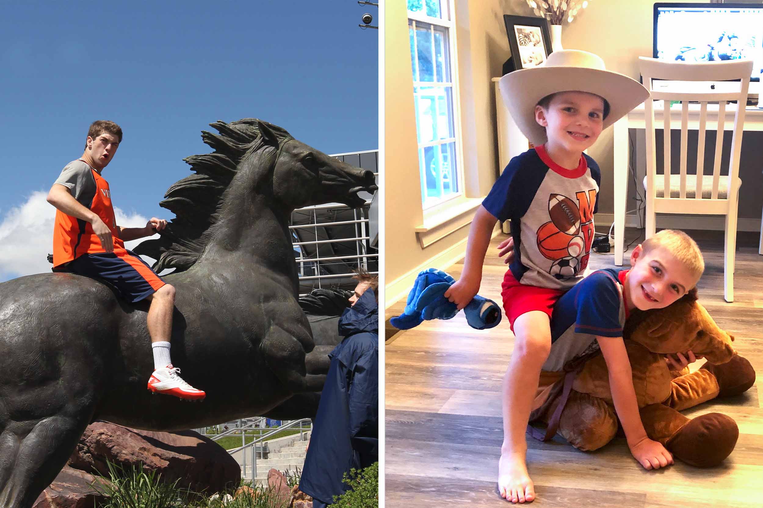 left: UVA student sitting on horse statue.  right: two little boys, playing with a stuffed horse replicating the left photo
