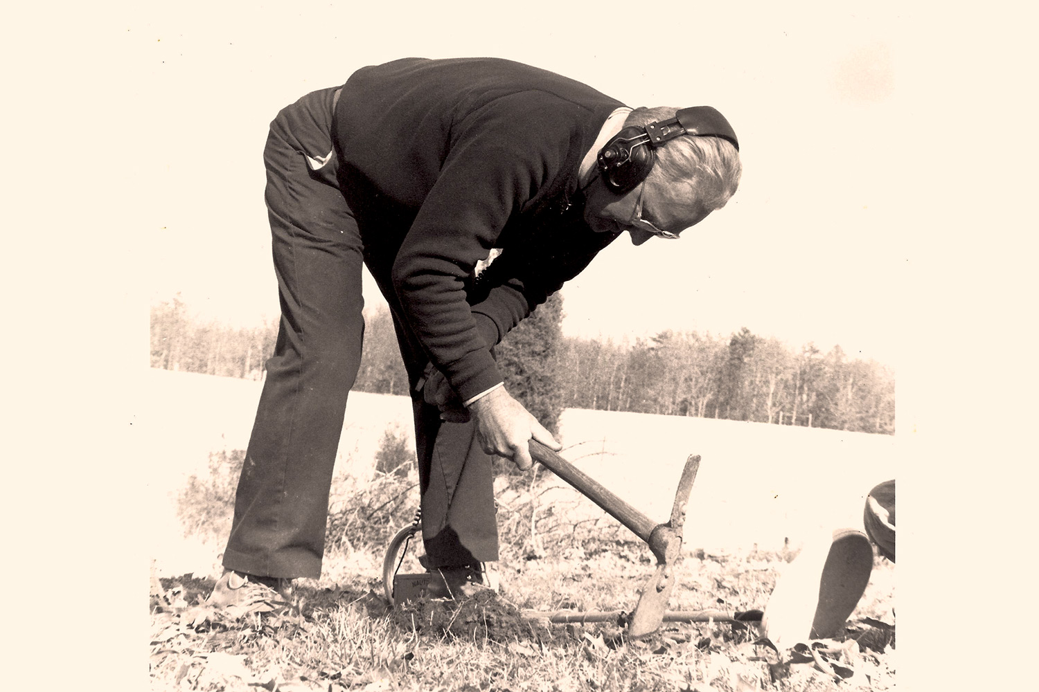 An undated photo of Raymond Shaw hunting for Civil War artifacts. His family jokes that this was his favorite posture.
