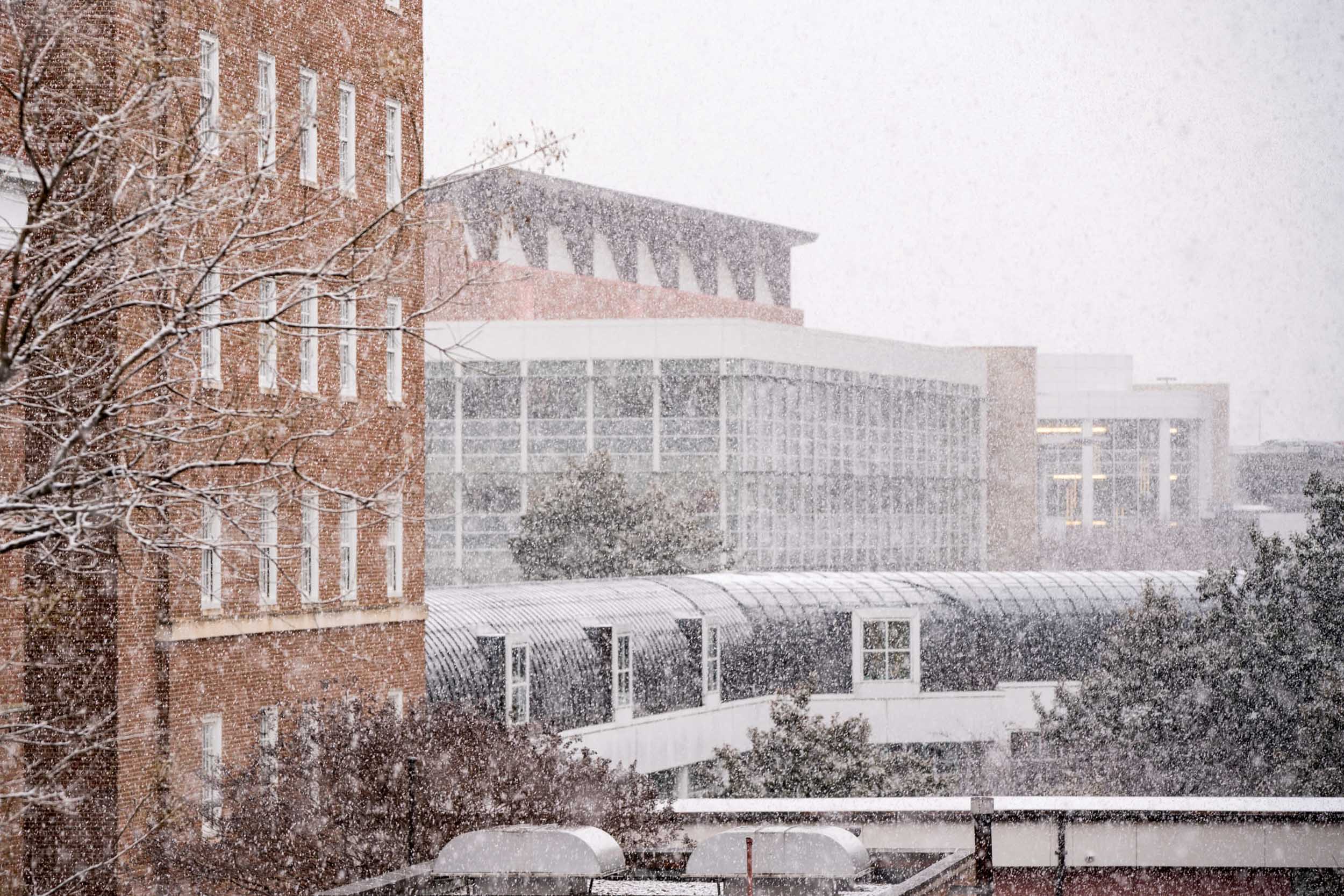 UVA Health and the School of Medicine shrouded in snow. 