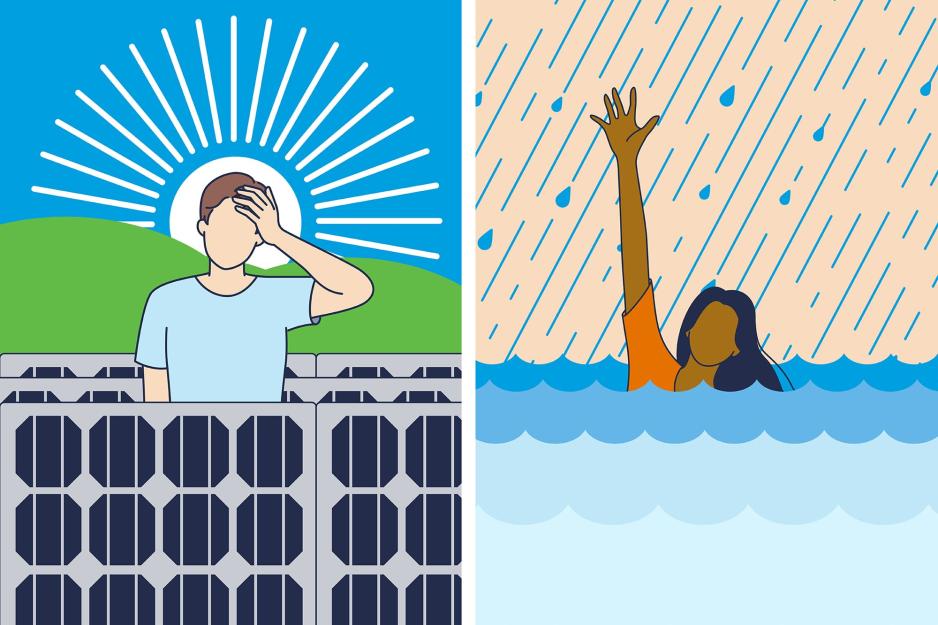 Graphic illustrations of people responding to climate issues