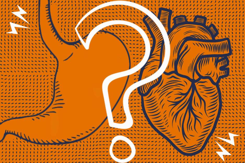 sketch graphic of a stomach and heart with a question mark